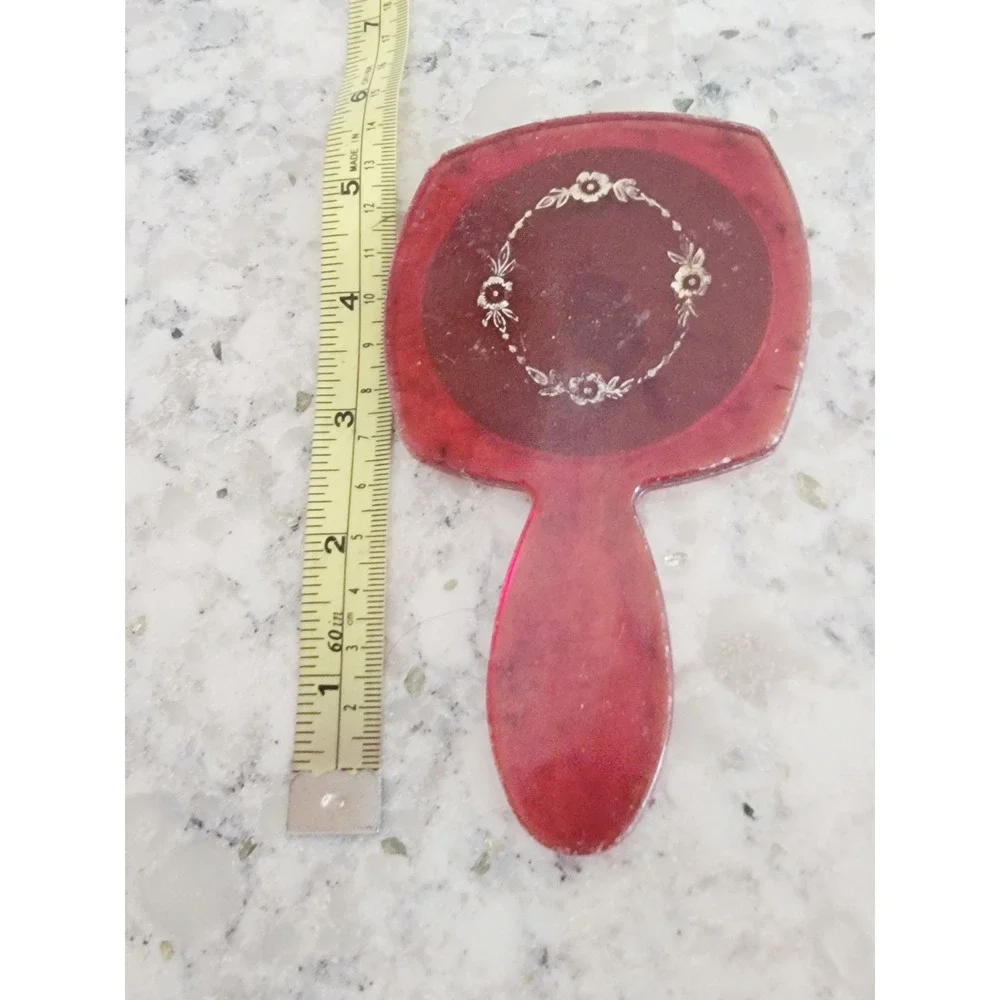 Vintage‎ 60s 70s Hand Mirror Art Deco Floral Red Lucite Made in USA